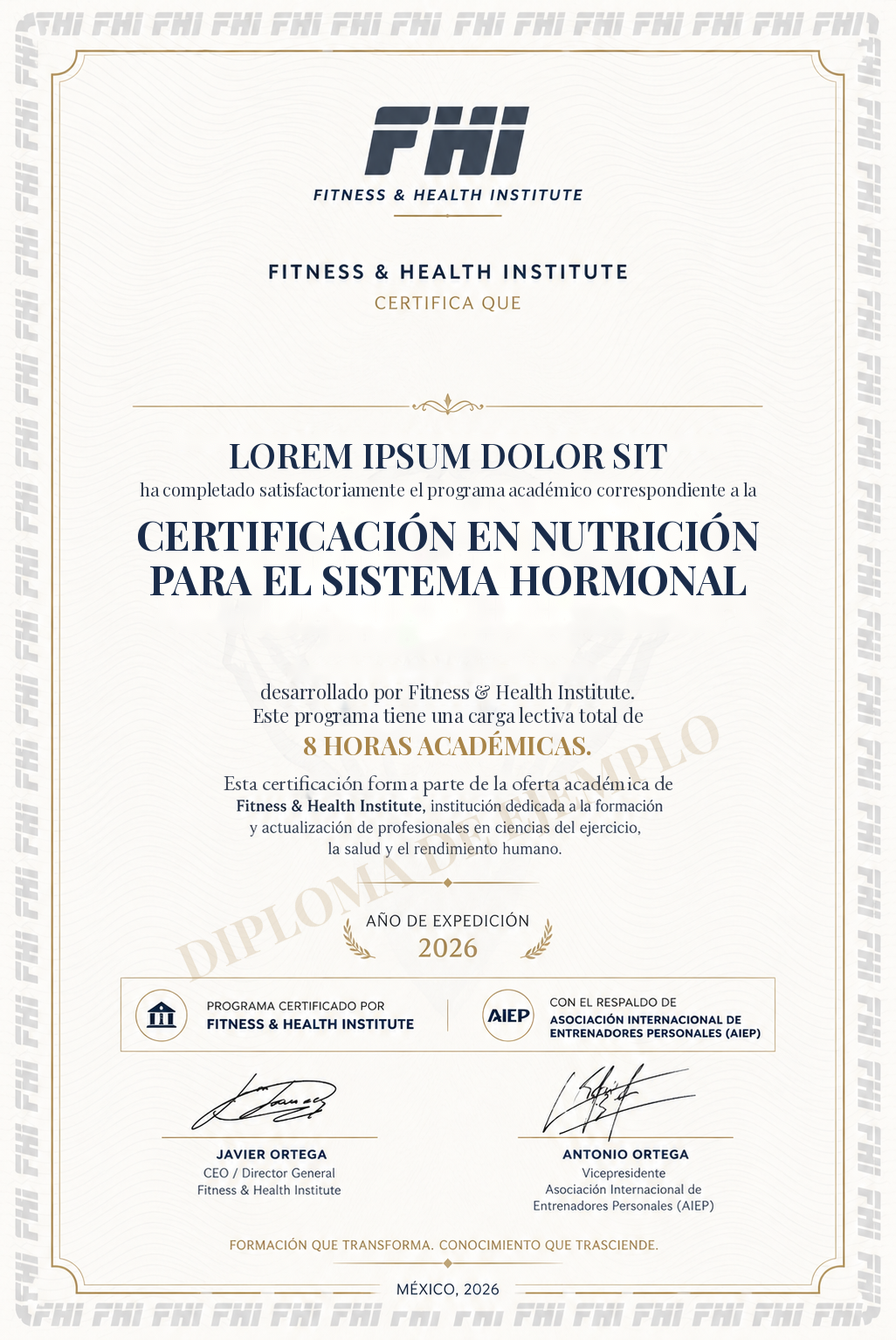 Ejemplo del diploma de la Certificación en Nutrición para el Sistema Hormonal